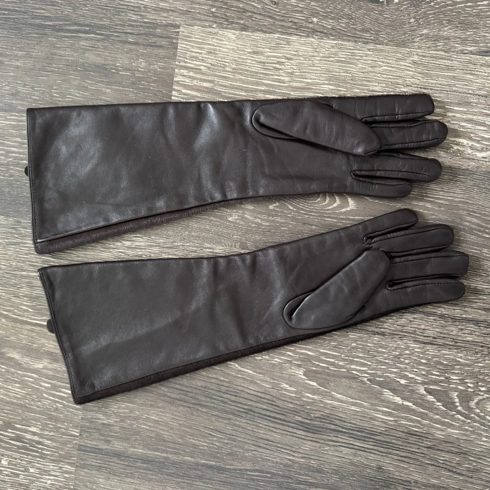 Mango brown long leather gloves with fur